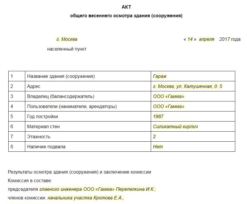 Акт осенне весеннего осмотра зданий и сооружений образец